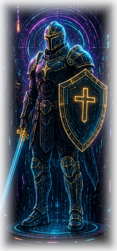 A luminous futuristic knight holding a cross-marked shield and glowing sword