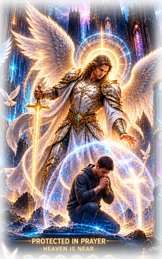 A luminous guardian angel protecting a person in prayer